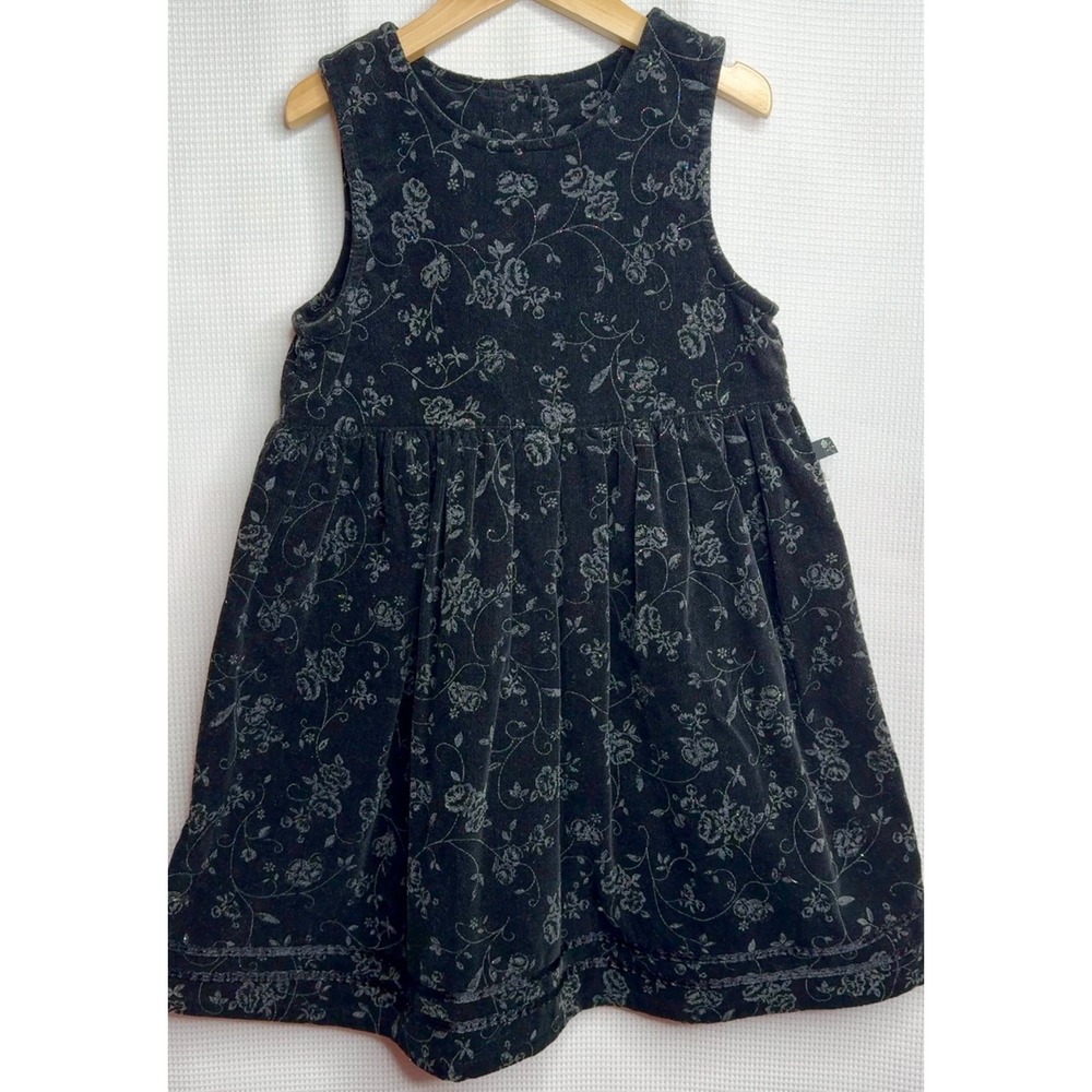 Vintage Mc Kids Girls Black Floral Corduroy Dress Cottagecore Jumper Size 6